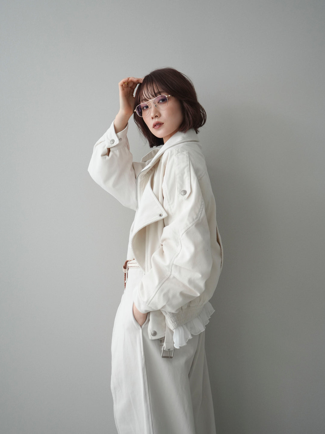 [予約]コーデュロイライダース裾レースブルゾン/offwhite