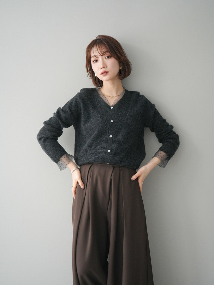 [SET]ドットチュールレイヤードボタンニットトップス+テープベルトタックバギーパンツ(2set)