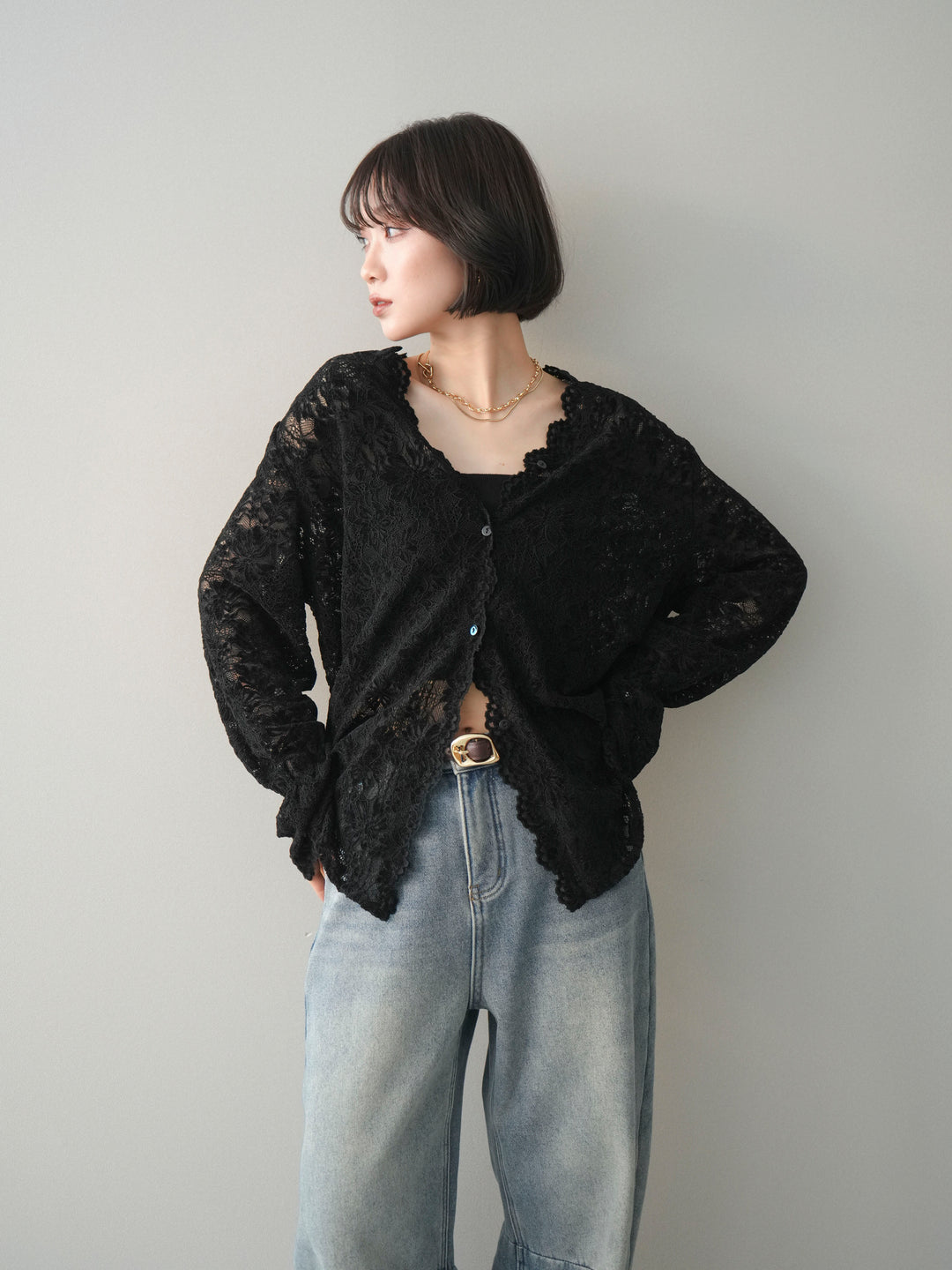 [SET]Vネックレースブラウス+裏起毛カットオフカーブデニムパンツ(2set)