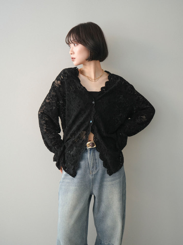 [SET]Vネックレースブラウス+裏起毛カットオフカーブデニムパンツ(2set)