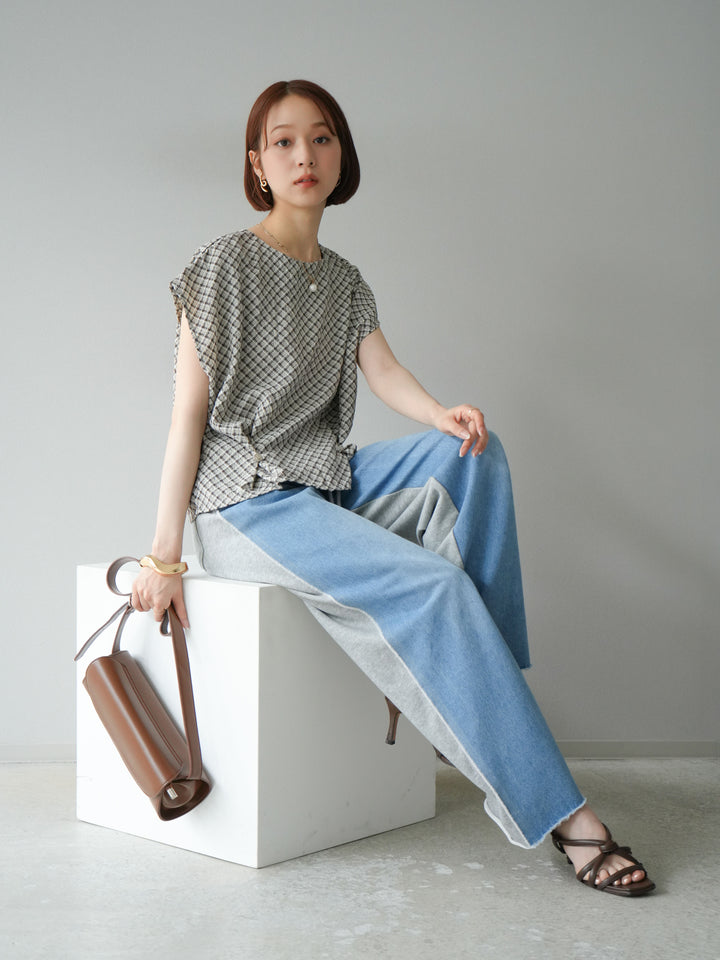 [予約]チェック柄タックデザインフレンチスリーブトップス/ブラウン