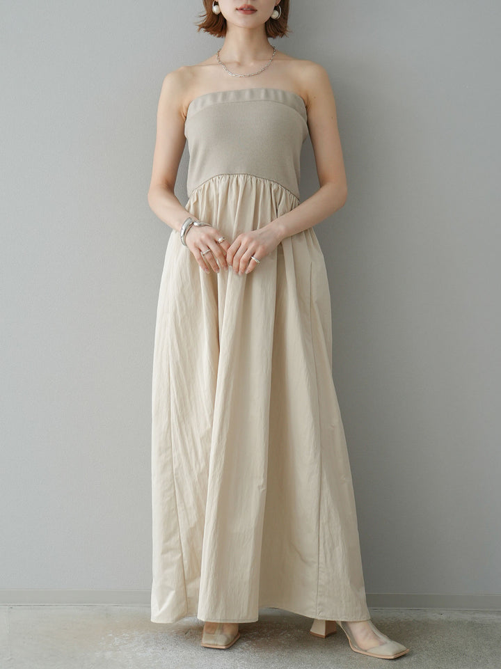 [預訂] 針織 x 塔夫綢小熊洋裝/米色