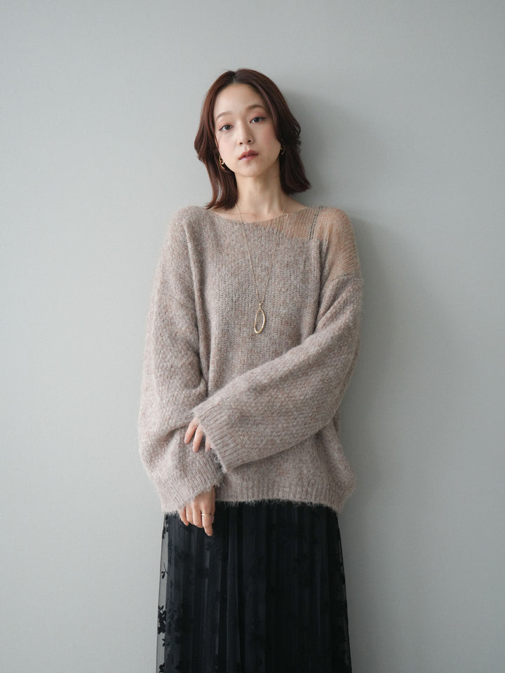 [SET]透かしデザインニットプルオーバー+フラワーフロッキーチュールプリーツスカート(2set)