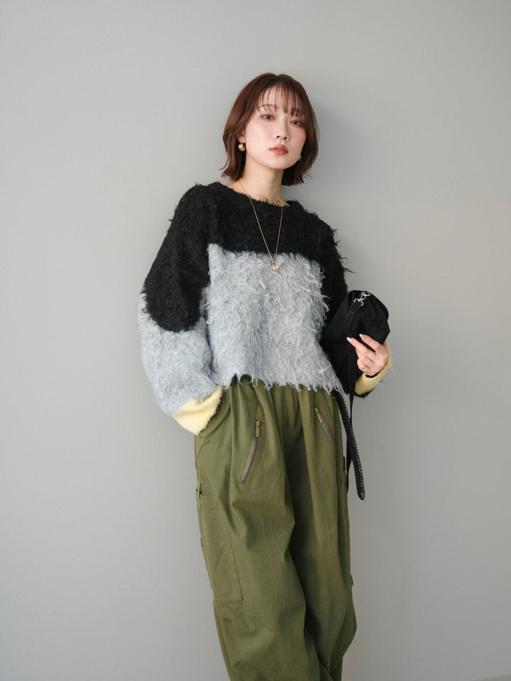 [SET]バイカラーモヘアタッチニットプルオーバー+コットンタックループパンツ(2set)