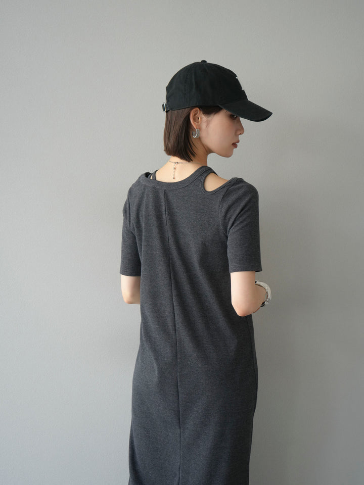 [予約]デザインネックカットリブワンピース/チャコール