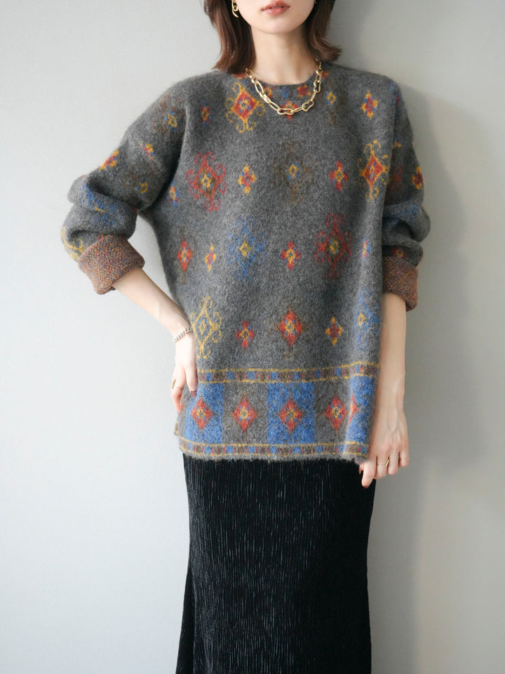 [予約]ヴィンテージ柄オーバーニットプルオーバー/チャコール