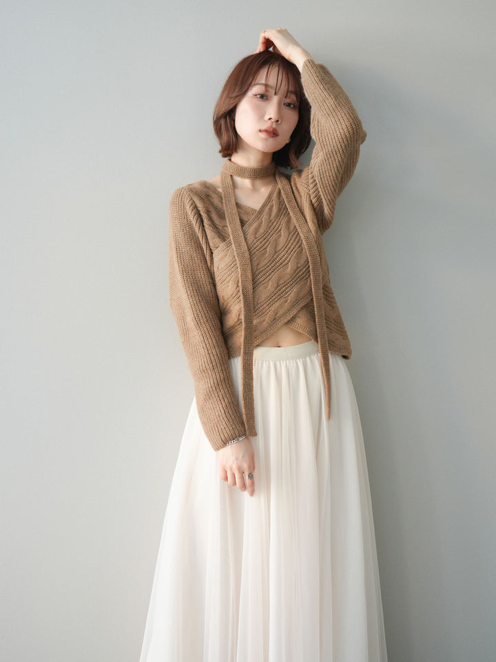 [予約]ケーブル編みクロスニットトップス/camel
