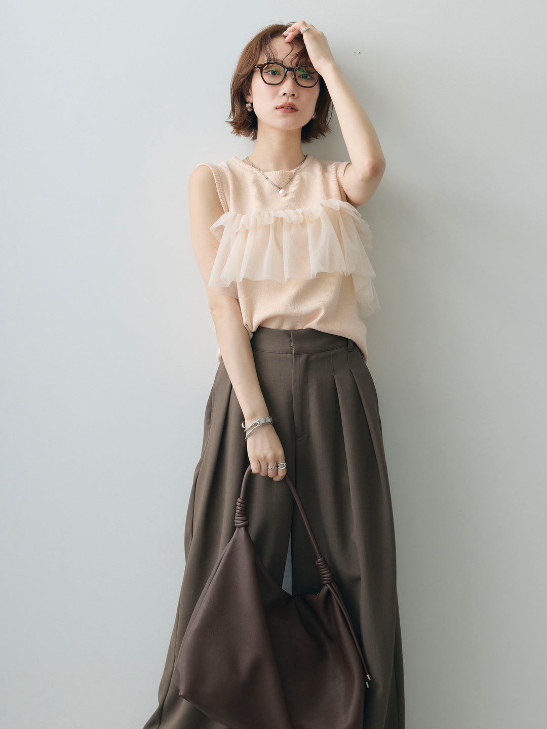 [SET]チュールフリルニットノースリトップス+クレープデシンタックワイドパンツ(2set)