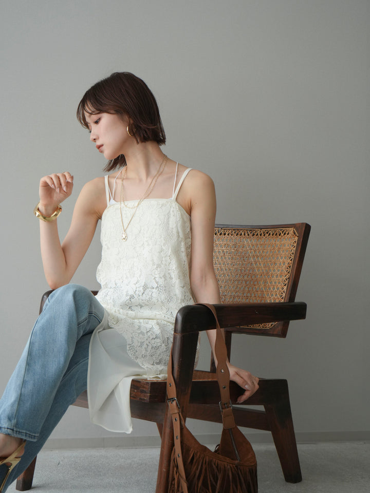 [予約]シフォンレイヤードアシンメトリーレースキャミソール/ivory