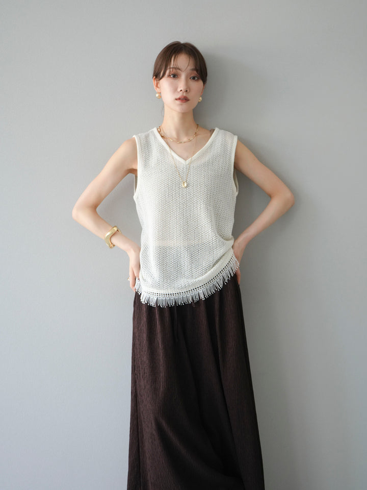 [予約]裾フリンジVネックニットタンクトップアンサンブル/オフ