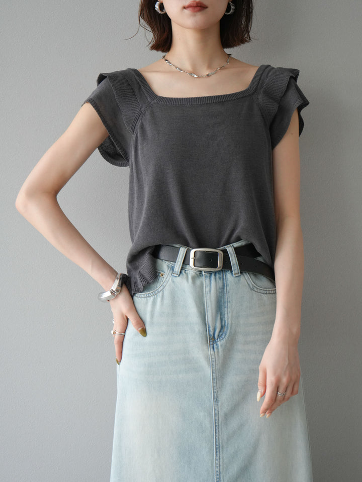 [予約]リネンタッチフリルニットタンクトップ/チャコール