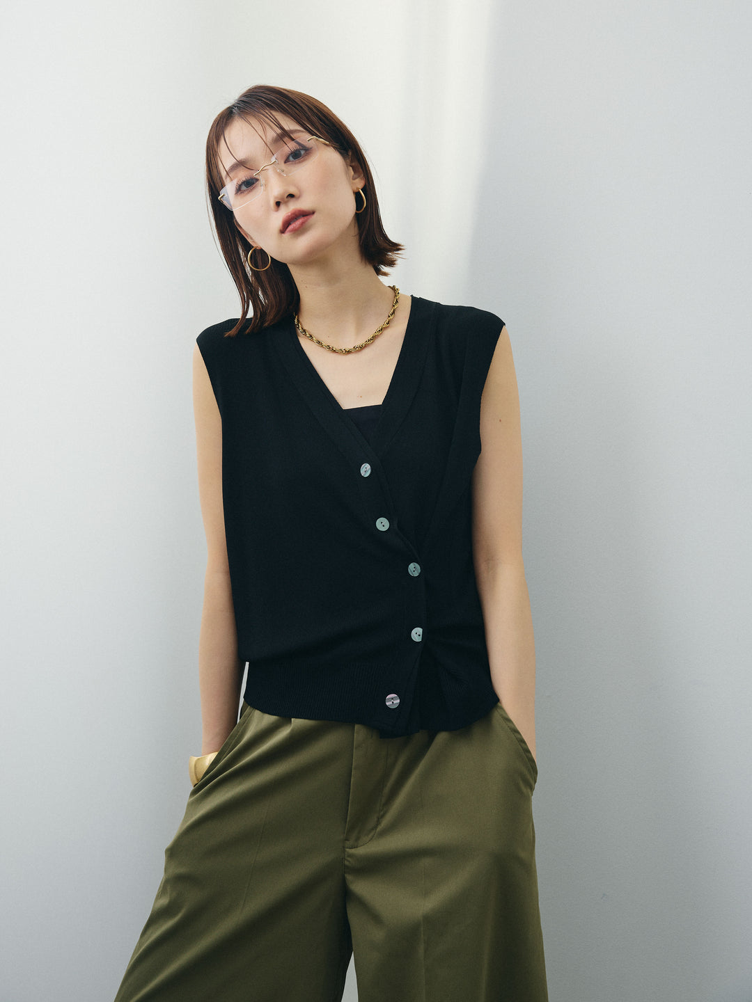 [SET]クールタッチ2WAYデザインニットベスト+コクーンワイドチノパンツ(2set)