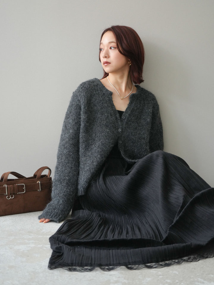 [予約]キーネックシャギーニットカーディガン/gray