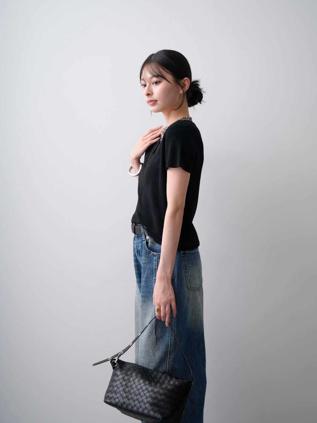 [予約]チュールレーヤードヘンリーフレンチニットトップス/black