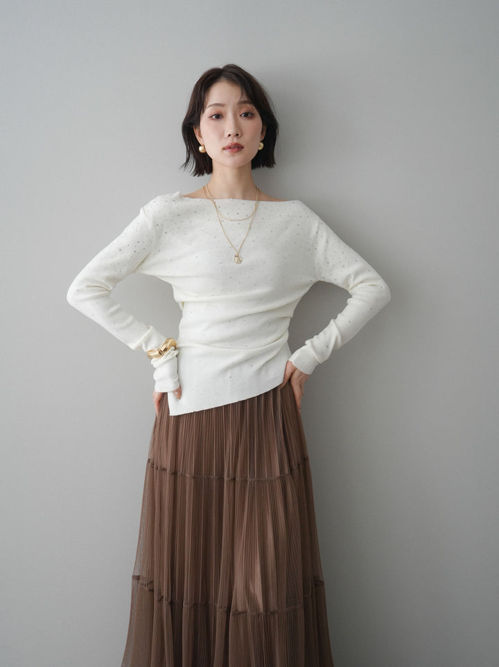 [SET]ラインストーンアシンメトリーニットトップス+ラメプリーツレイヤードチュールロングスカート(2set)