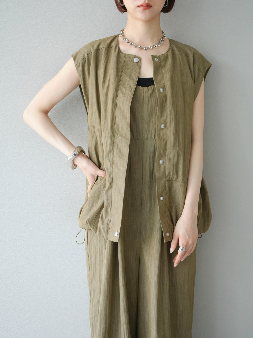 [SET]リネンライクビスチェデザインサロペット+リネンライクドロストバルーンブルゾン(2set)