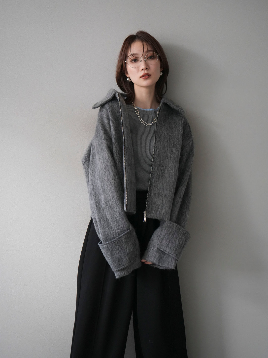 [予約]袖ビックループシャギージップブルゾン/charcoal