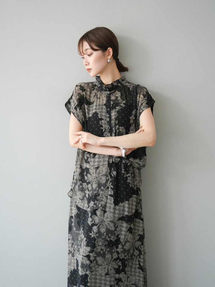 [SET] 花朵圖案法式袖襯衫 + 花朵圖案喇叭裙 (2 套)