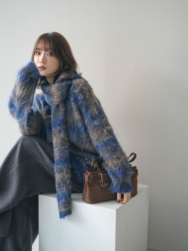 [予約]ストール付シャギーマルチボーダーニットプルオーバー/blue