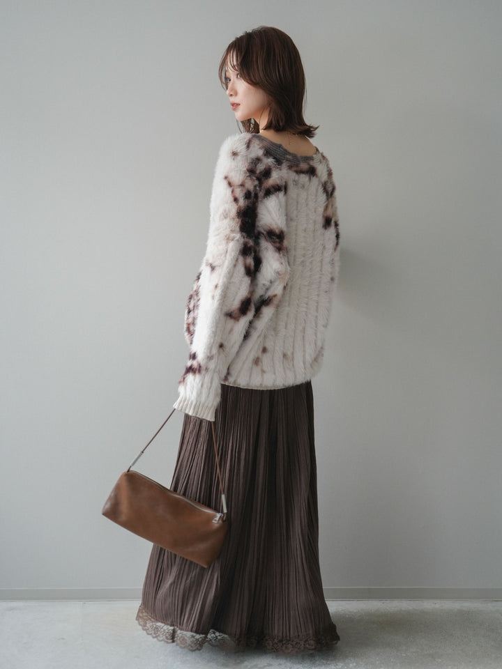 [SET]ニュアンス柄シャギーニットカーディガン+裾レーススウェードプリーツマキシスカート(2set)