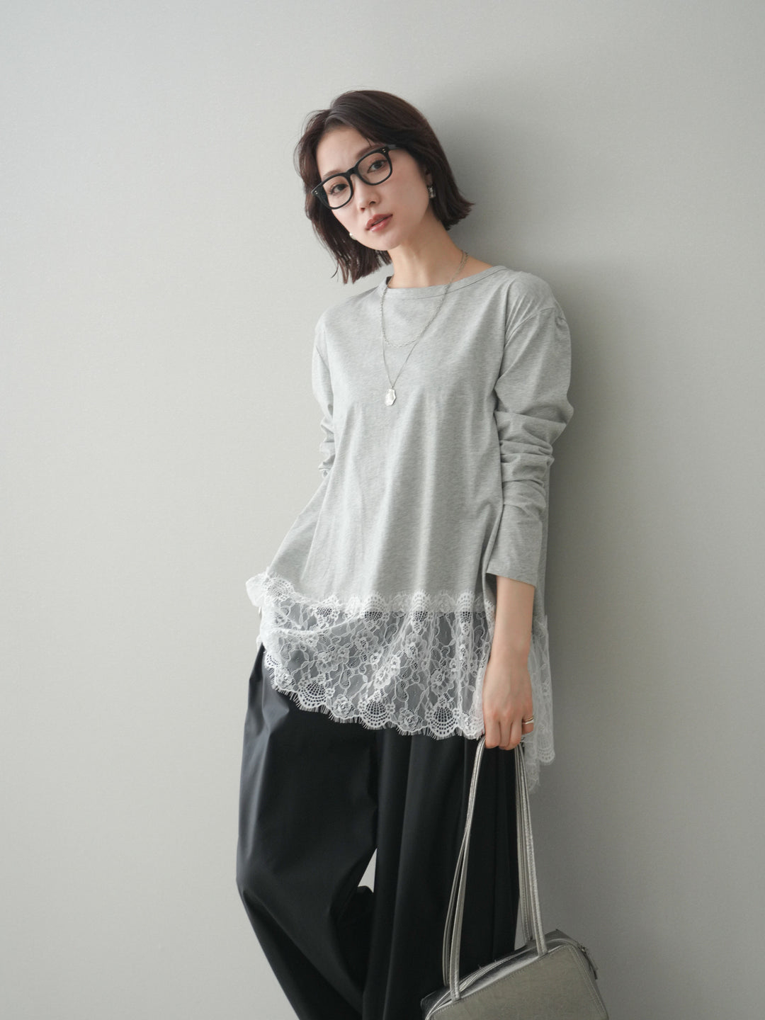 [SET]裾レースロングスリーブTシャツ+選べるアクセセット(2set)