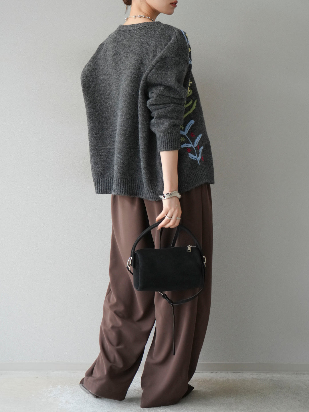 [SET]フラワー刺繍ニットカーディガン+ベルト付タックワイドパンツ(2set)