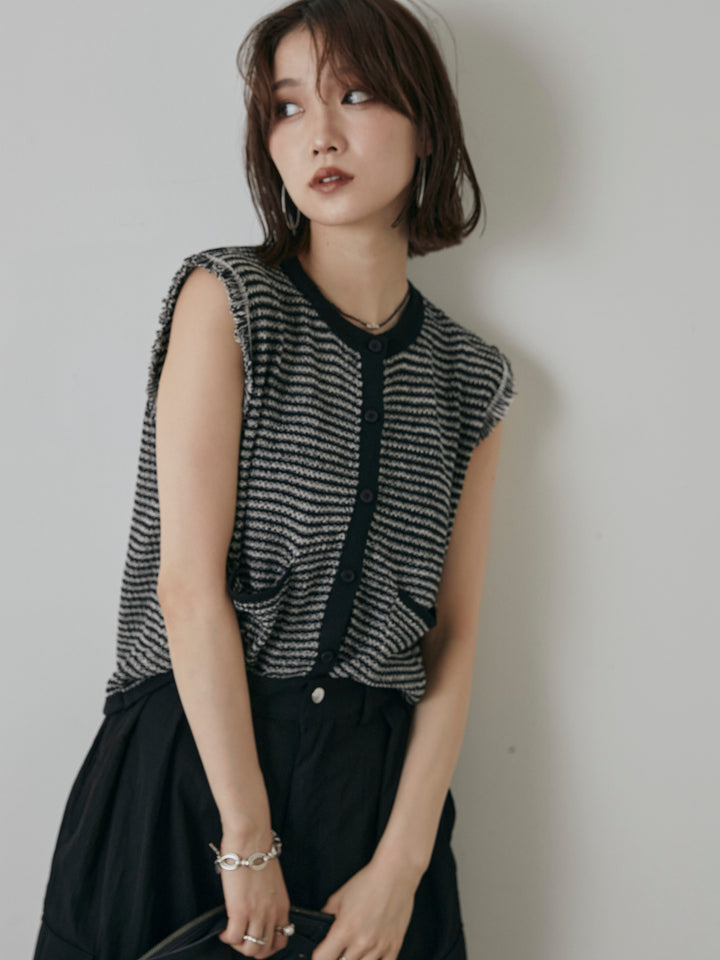 [予約]ボーダー袖フリンジニットベスト/ブラック