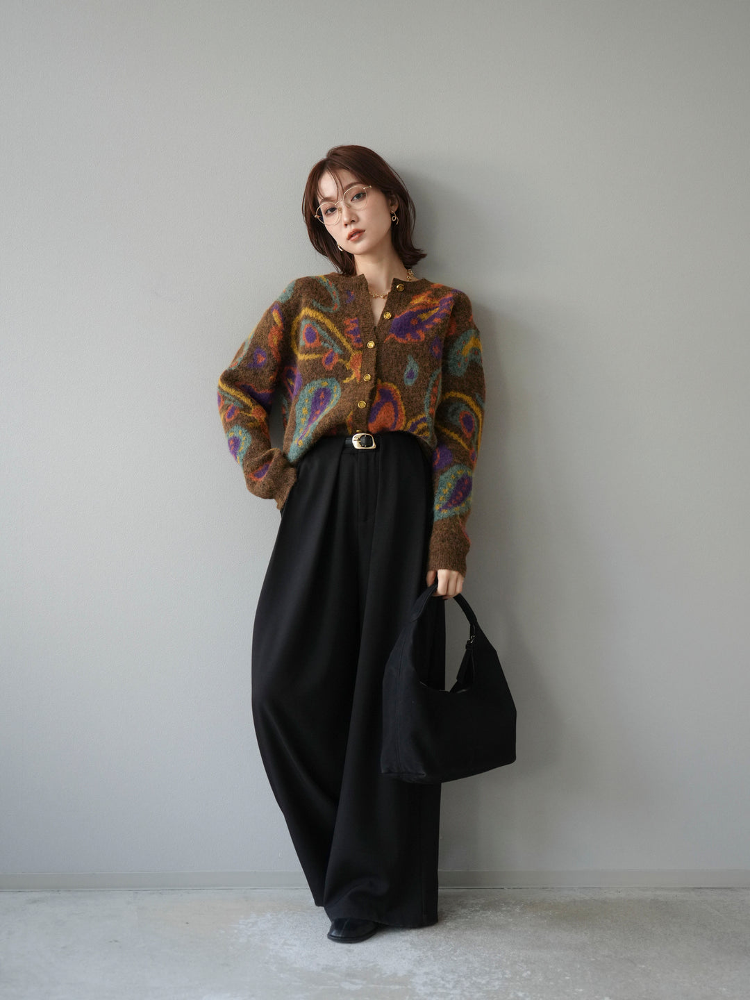 【着回しセット】[SET]求心柄クロップドニットカーディガン+ミックスヤーンペイズリー柄ニットカーディガン+ベルトループデザインワイドパンツ(3set)
