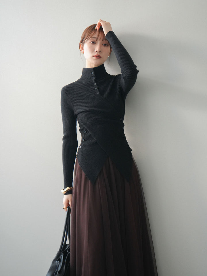 [予約]クロスデザインボトルネックリブニットトップス/black