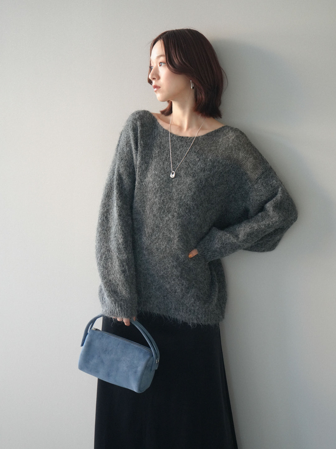 [SET]透かしデザインニットプルオーバー+ベルベットナロースカート(2set)