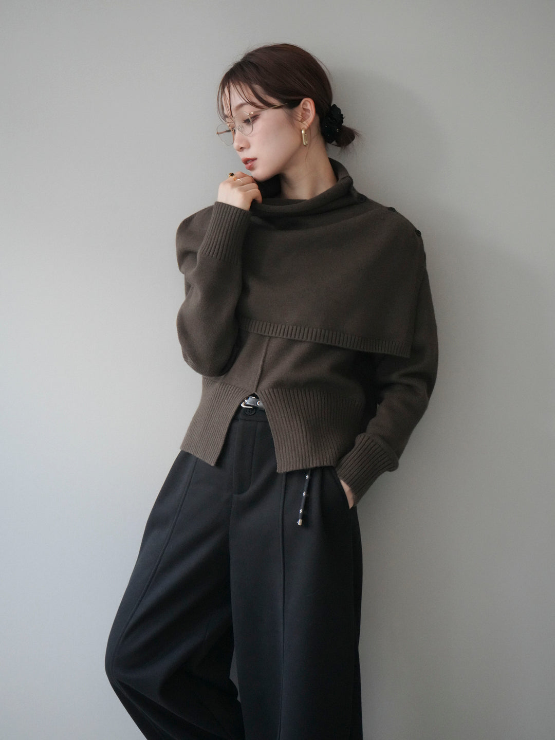 [予約]フロントスリットネックアンサンブルニット/khaki