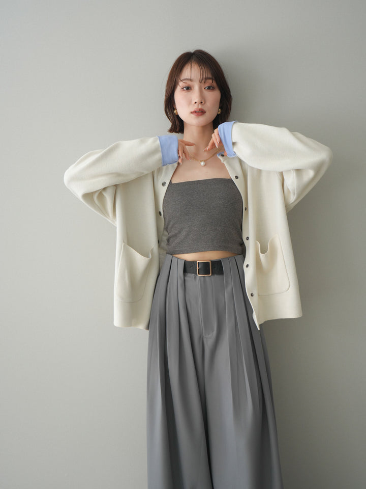 [SET]バイカラーオーバーニットカーディガン+タックベルトループワイドパンツ(2set)