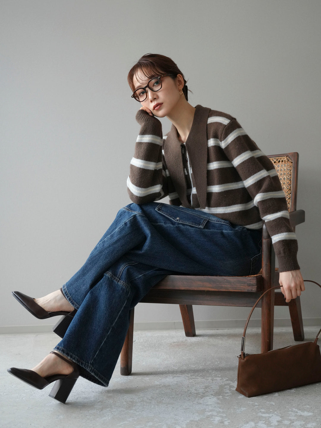 [予約]ボウタイボーダーニットカーディガン/brown