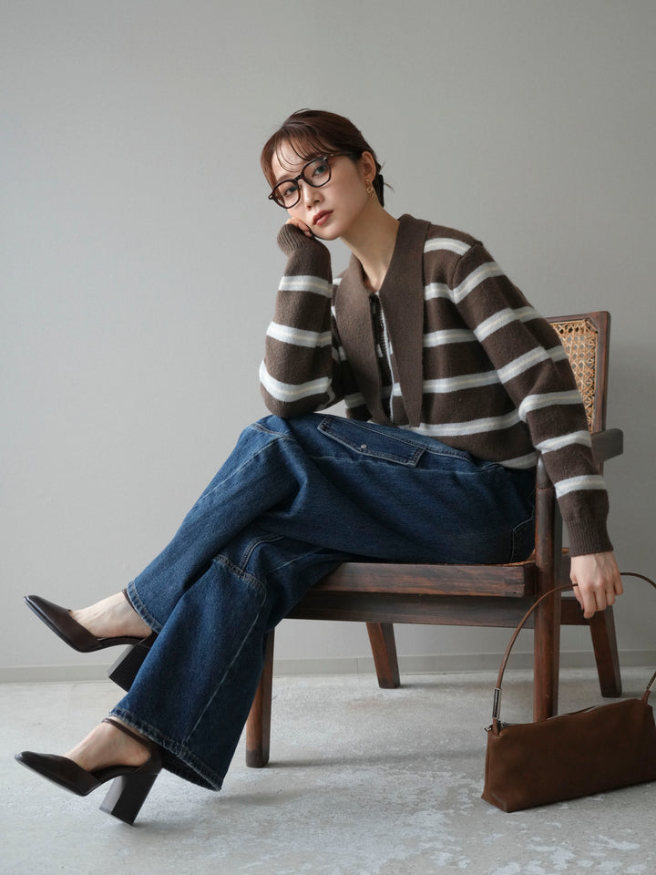 [予約]ボウタイボーダーニットカーディガン/brown
