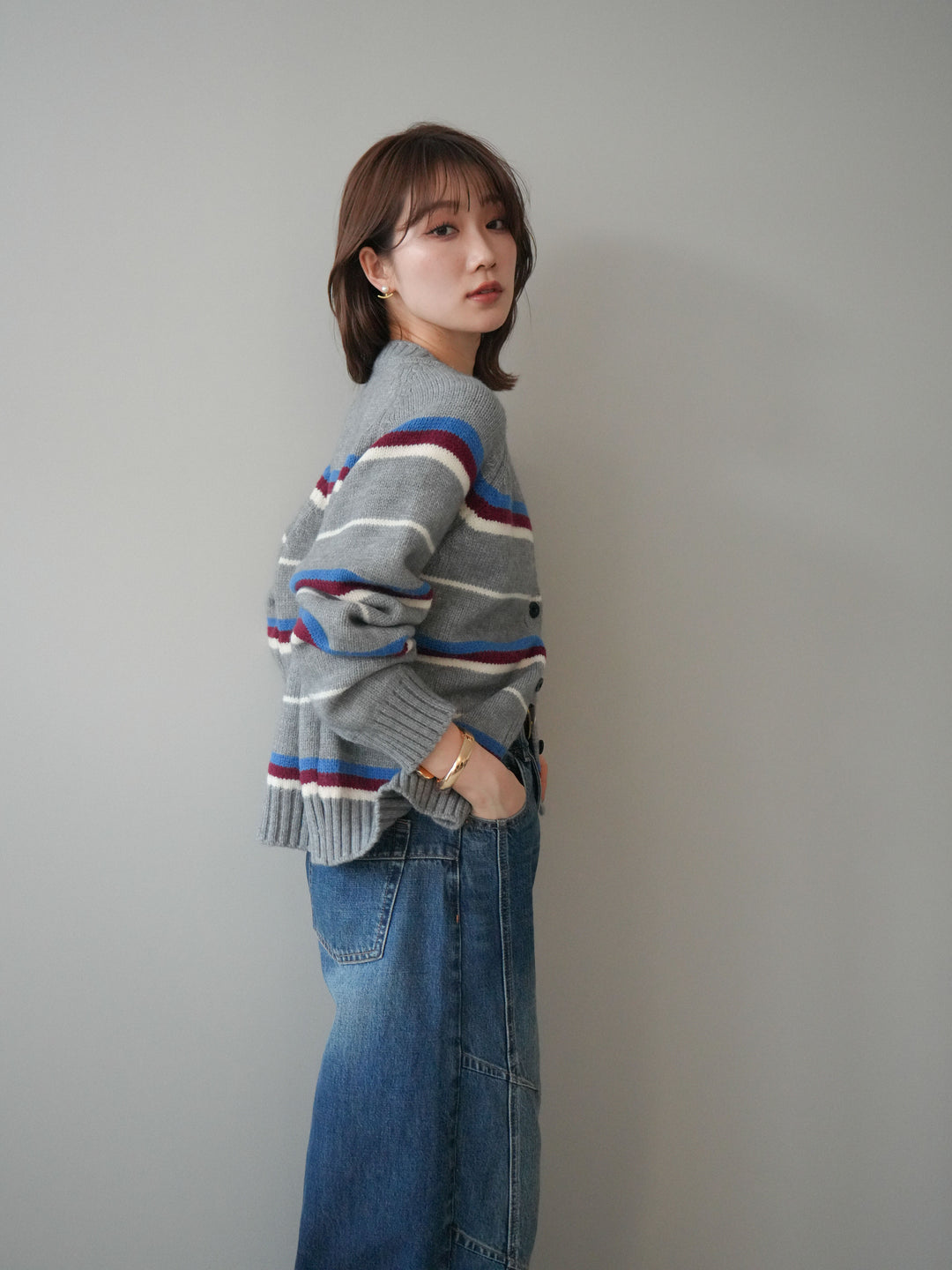 [予約]ランダムボーダーニットカーディガン/gray