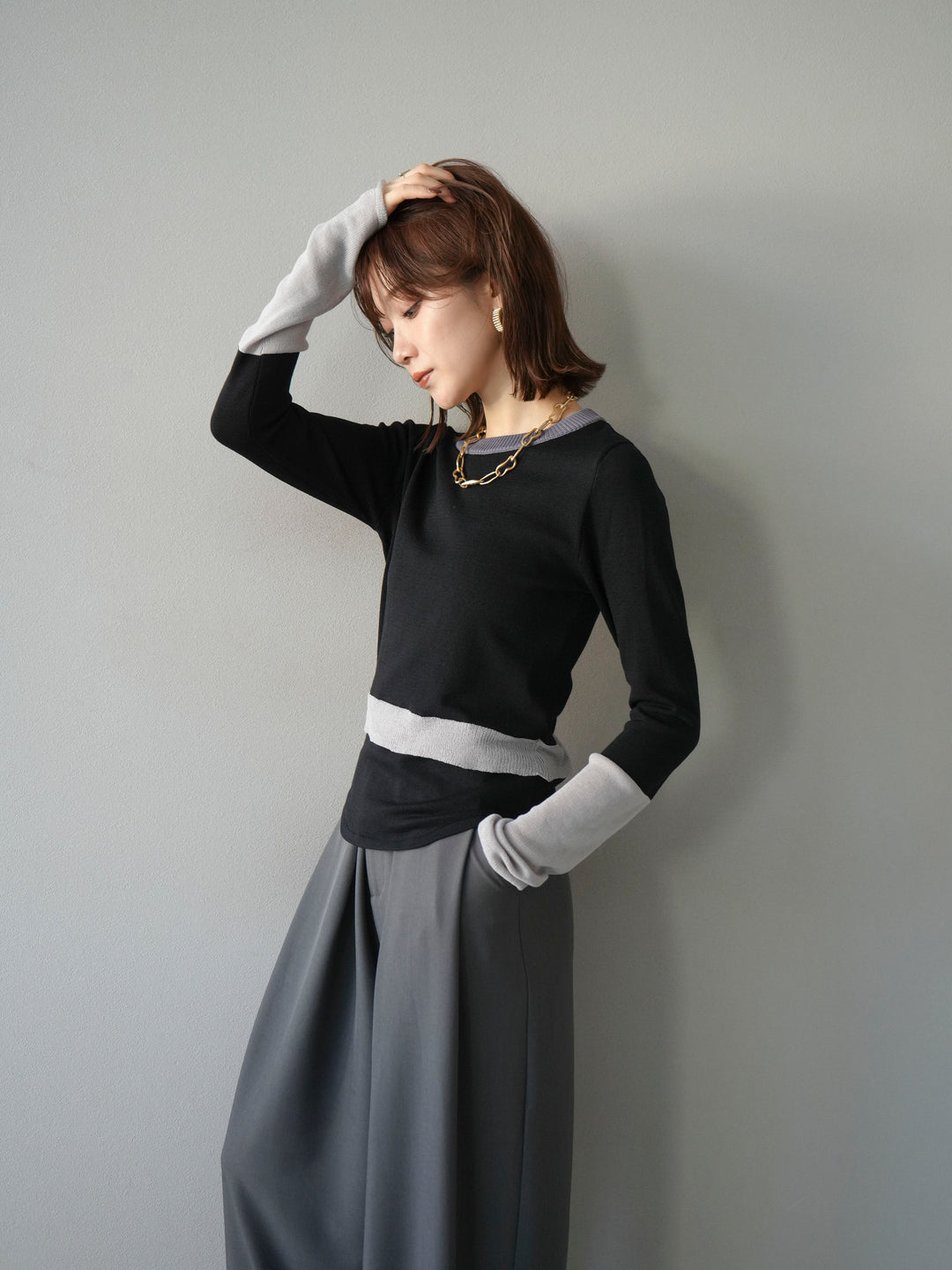 [予約]異素材配色デザインニットトップス/ブラック