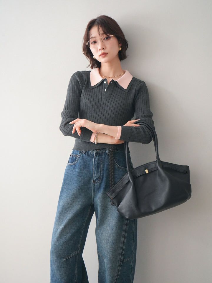 [予約]ダブル襟ポロリブニットトップス/charcoalgray