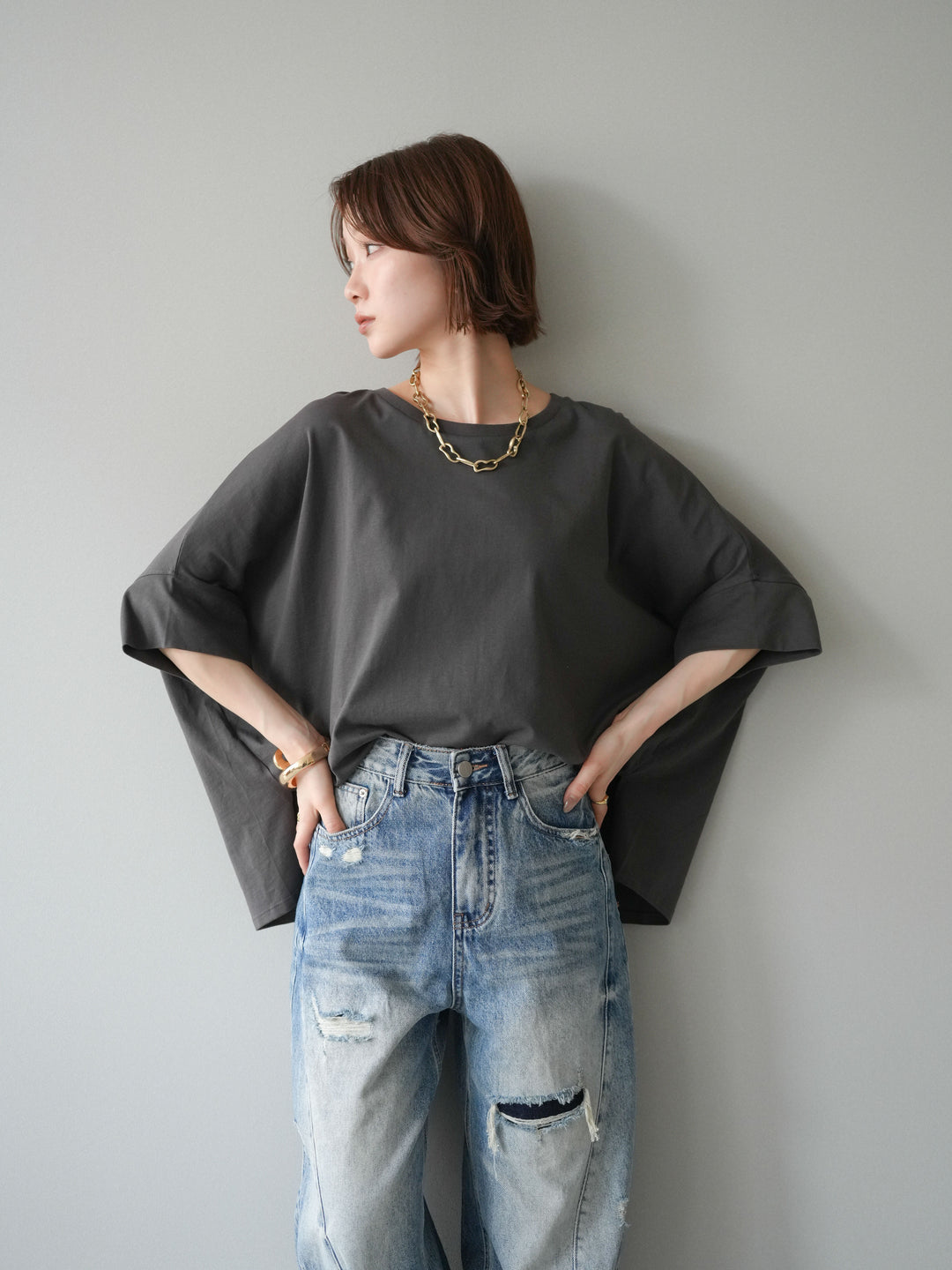 [SET]ドルマンワイドフレアトップス+ダメージカーブワイドデニムパンツ(2set)