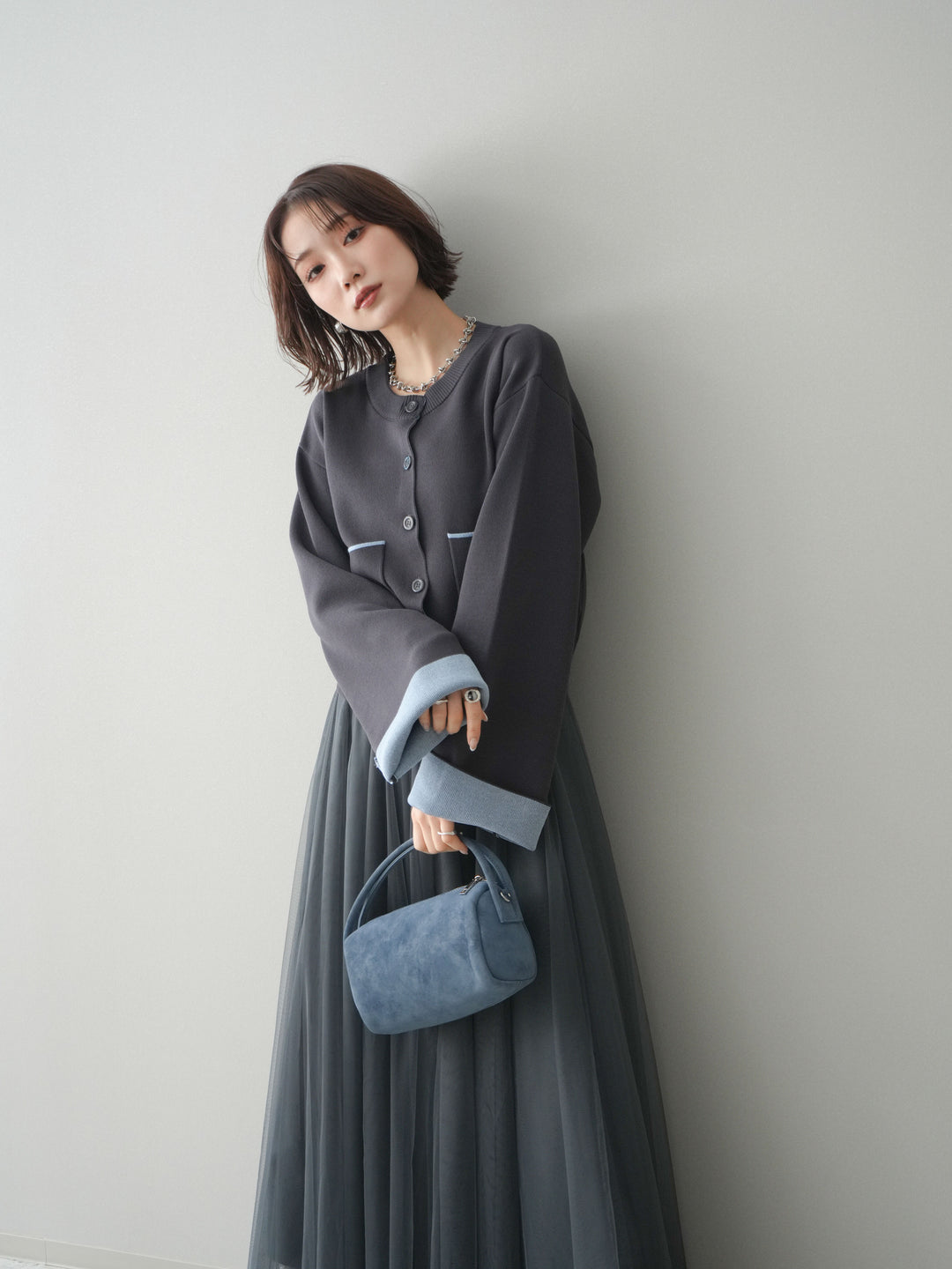 [SET]レーヨンポリダブルフェイスニットカーディガン+チュールボリュームスカート(2set)