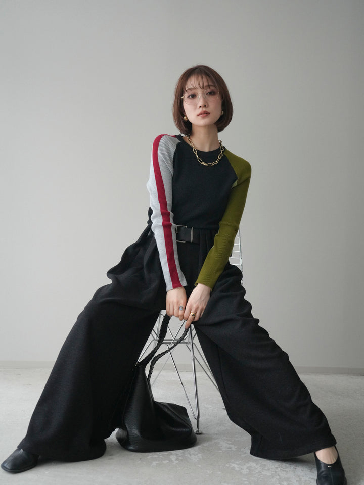 [SET]バイカラーラグランニットトップス+ベルトデザインループウールワイドパンツ(ベルト付)(2set)