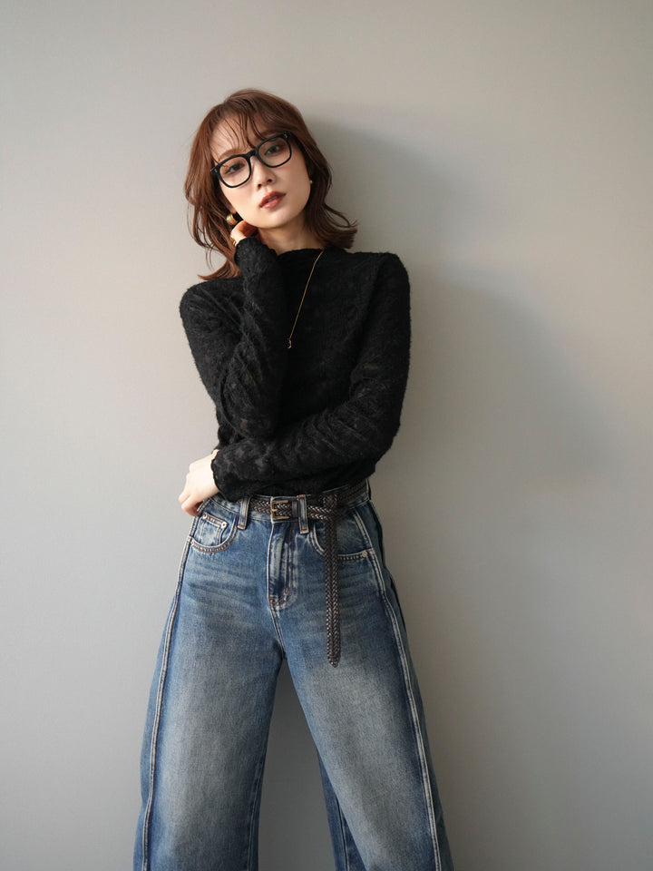 [予約]起毛レースプチネックトップス/black