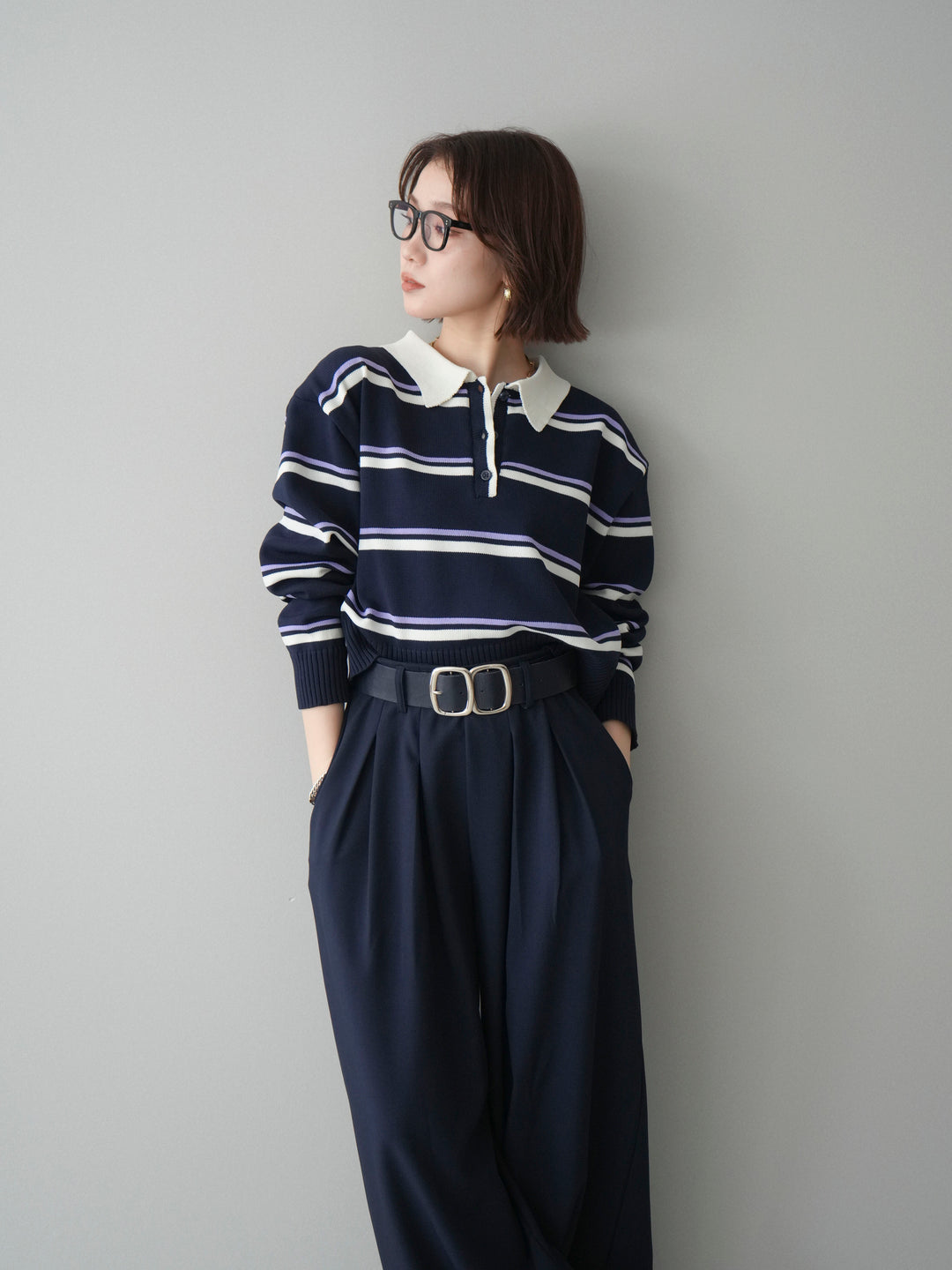 [予約]マルチボーダーポロニットトップス/navy