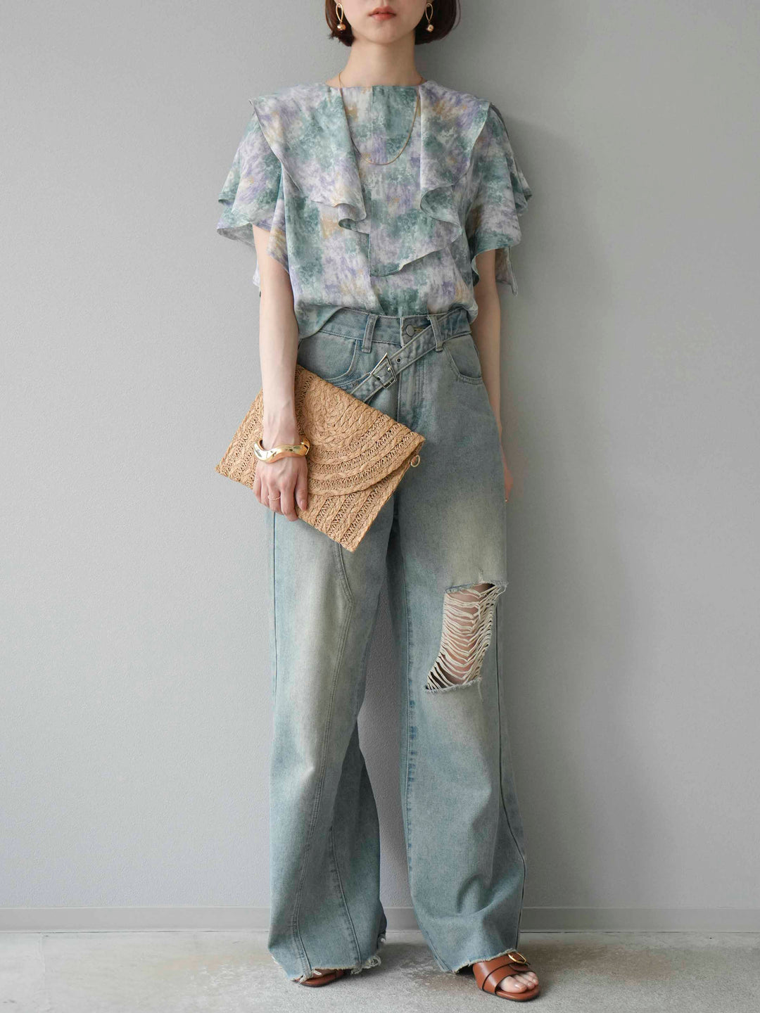 [予約]水彩アートラッフルカラーブラウス/グリーン