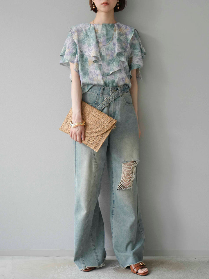 [予約]水彩アートラッフルカラーブラウス/グリーン