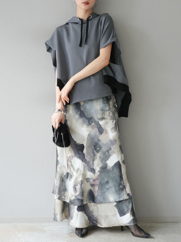 [SET]アシンメトリードルマンバックZIPフーディー+ニュアンスサテンフリルスカート(2set)