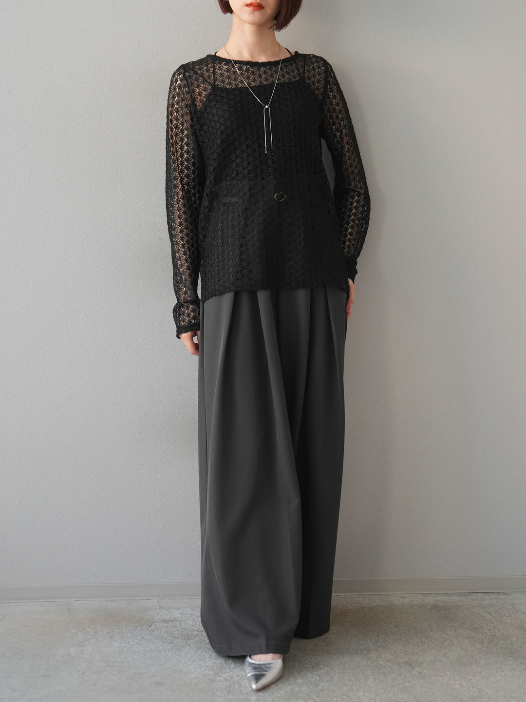 [予約]透かし編みトップス/ブラック