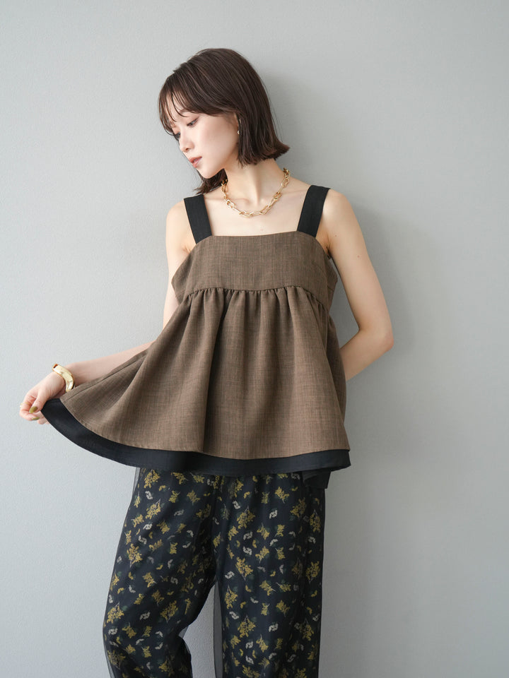 [SET]リネンライク配色フレアタンクトップ+ブーケプリントタックパンツ(2set)