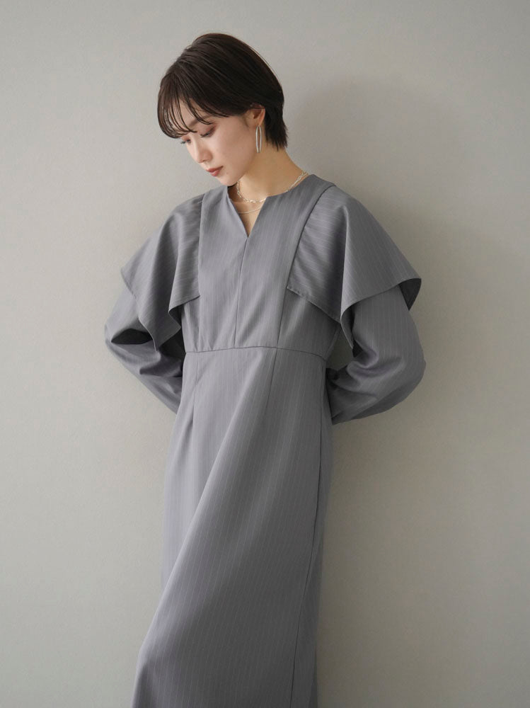 [Pre-order] Pinstripe Cape Design Dress/Gray