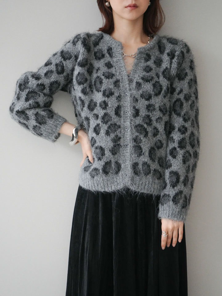[SET]モヘアタッチレオパード柄ニットカーディガン+ワッシャーベロアプリーツスカート(2set)