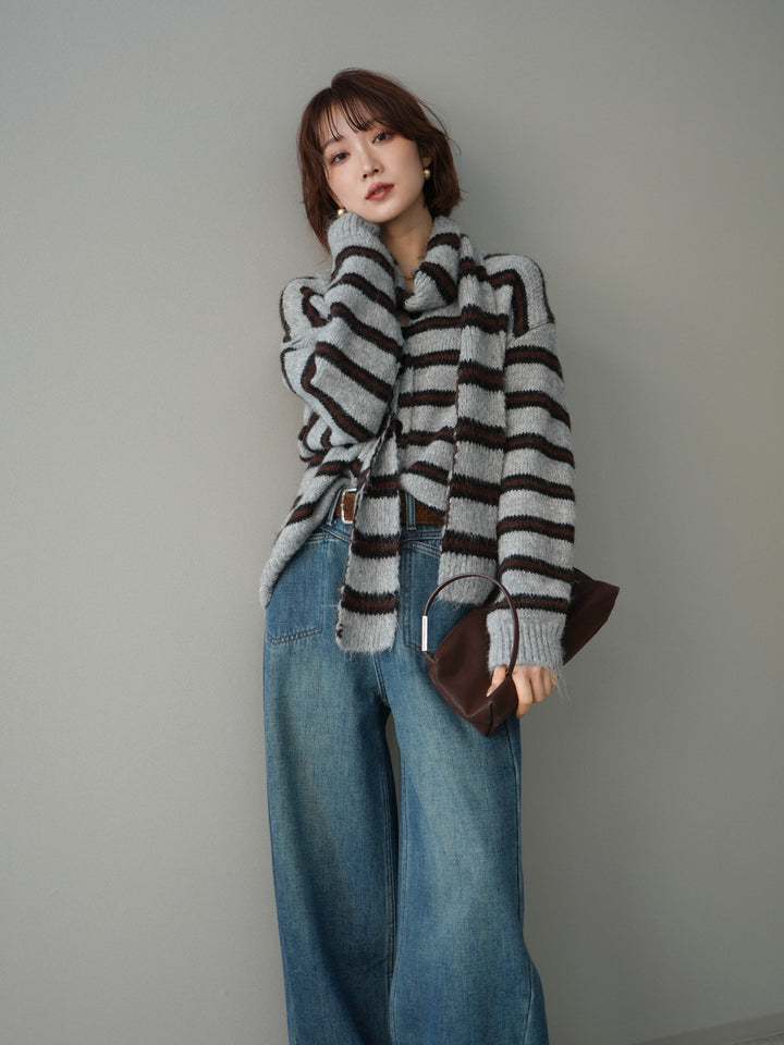 [予約]ボウタイ付きボーダーニットプルオーバー/gray